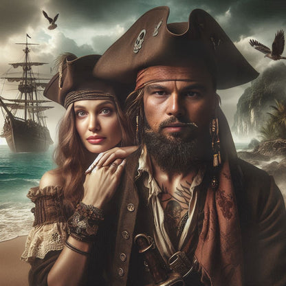 A custom pirate-themed portrait featuring a face-swapped couple dressed as pirates on a beach, with a pirate ship and tropical scenery in the background.