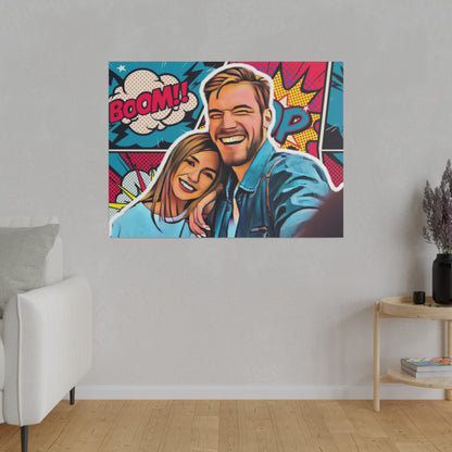 Custom Pop Art Couple Portrait featuring a smiling couple in vibrant comic-style artwork with bold colors and energetic text like 'Boom!' in the background, perfect for adding fun and color to your home.