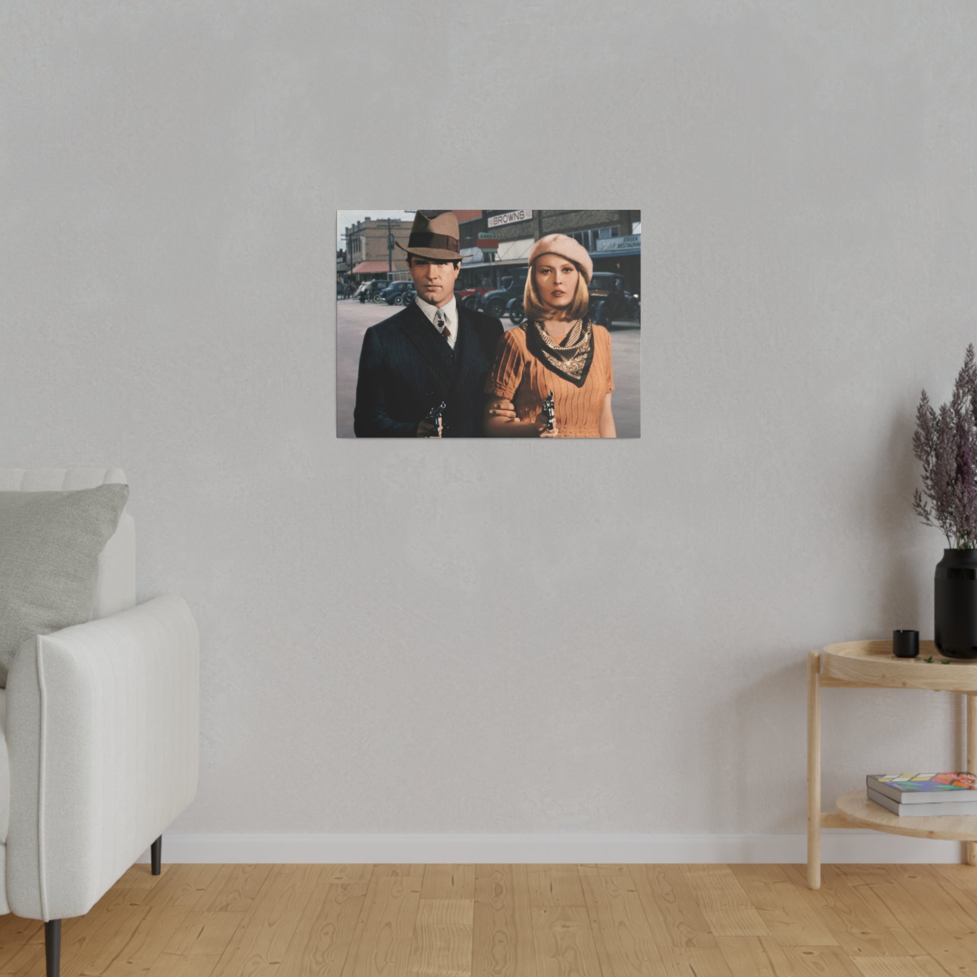 Custom Bonnie and Clyde Style Couple Portrait featuring a couple dressed in vintage 1930s outlaw clothing, holding guns and standing in a retro cityscape, perfect for personalized artwork gifts.