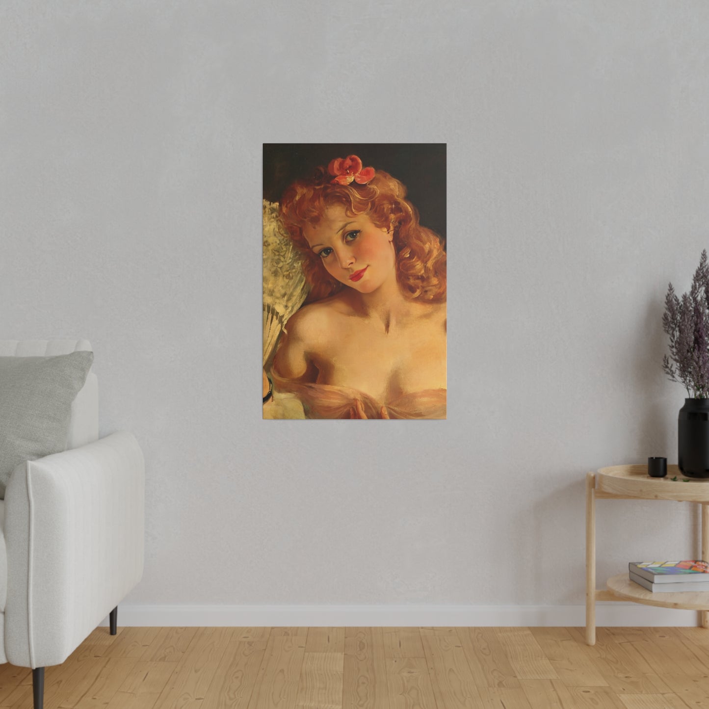 A custom vintage glamour portrait of a red-haired woman holding a fan, radiating timeless charm and beauty.