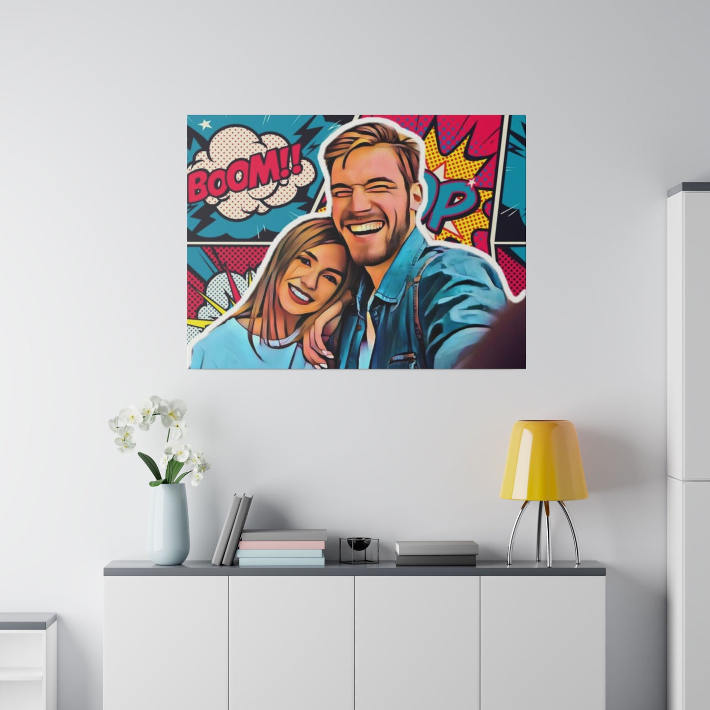 Custom Pop Art Couple Portrait featuring a smiling couple in vibrant comic-style artwork with bold colors and energetic text like 'Boom!' in the background, perfect for adding fun and color to your home.