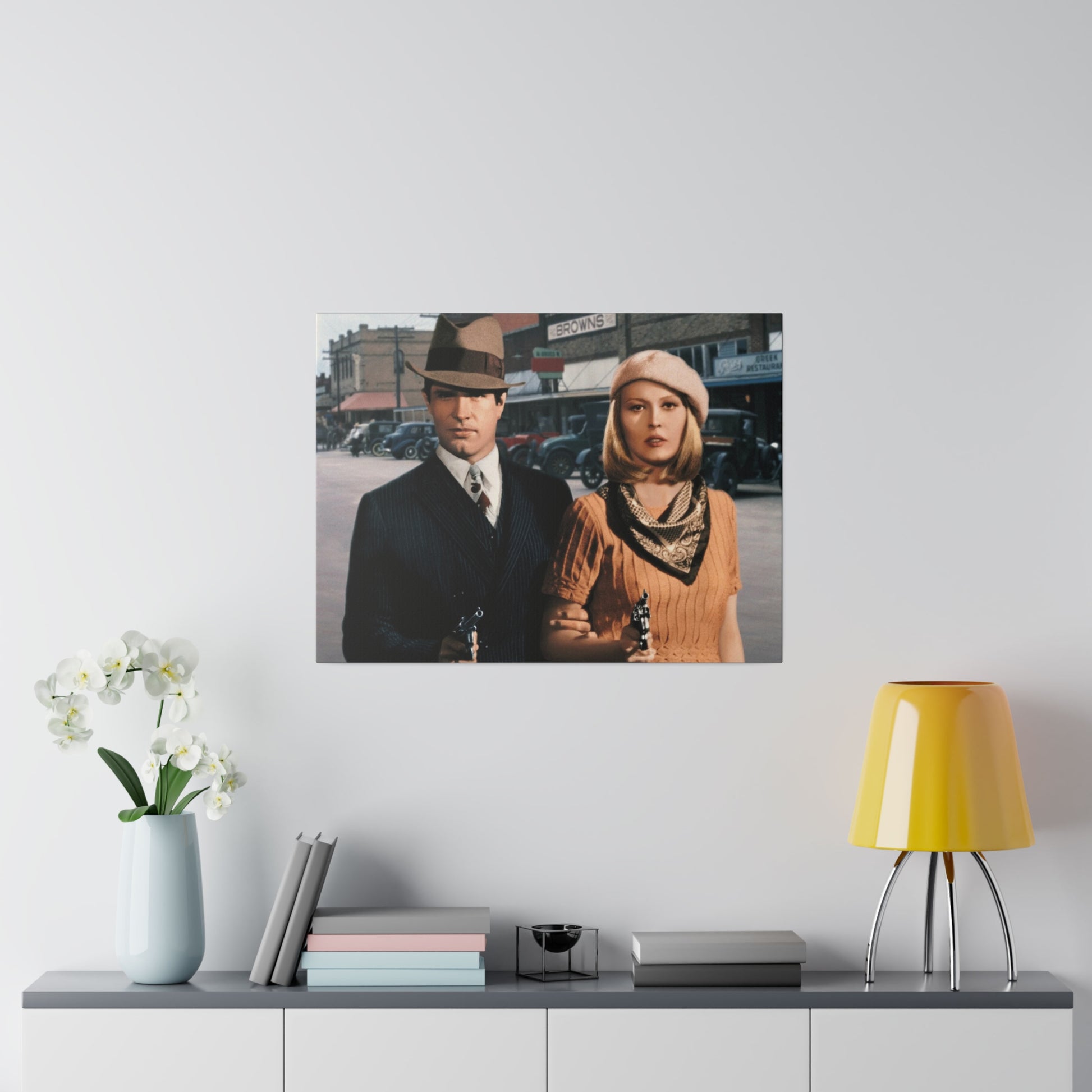 Custom Bonnie and Clyde Style Couple Portrait featuring a couple dressed in vintage 1930s outlaw clothing, holding guns and standing in a retro cityscape, perfect for personalized artwork gifts.