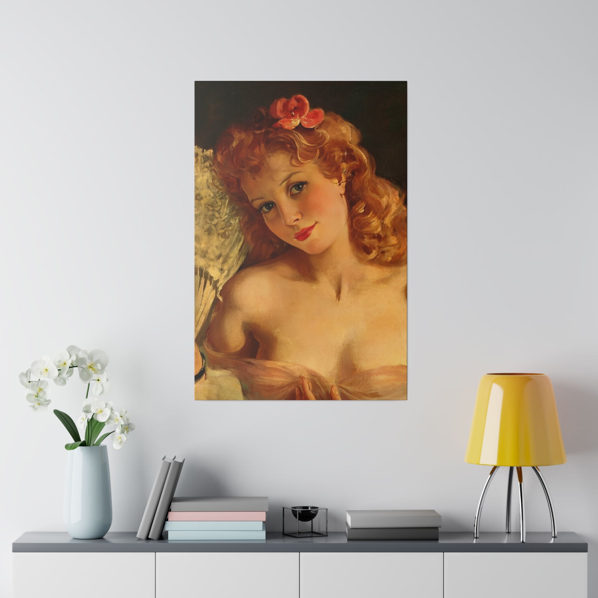 A custom vintage glamour portrait of a red-haired woman holding a fan, radiating timeless charm and beauty.