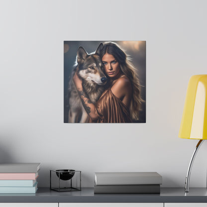 Custom Wolf Companion Portrait featuring a woman with long flowing hair in a bronze dress, embracing a majestic wolf, symbolizing a deep connection with nature and the wild spirit.