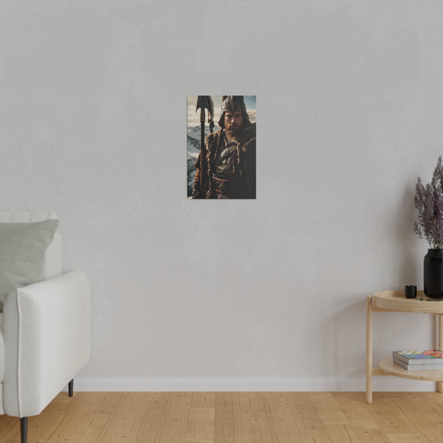 Custom Viking Warrior Portrait featuring a strong, bearded man in traditional Viking armor and fur, holding a spear, standing in a mountainous landscape, embodying the strength and bravery of a Norse warrior.