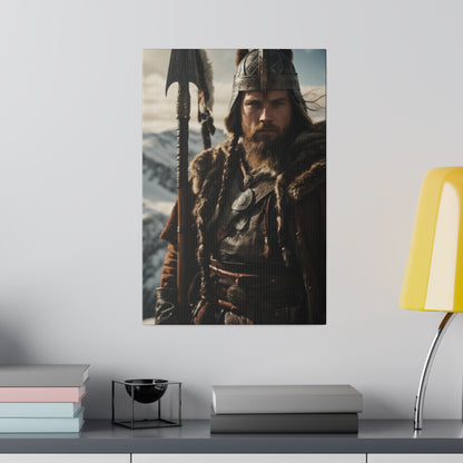 Custom Viking Warrior Portrait featuring a strong, bearded man in traditional Viking armor and fur, holding a spear, standing in a mountainous landscape, embodying the strength and bravery of a Norse warrior.