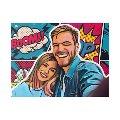 Custom Pop Art Couple Portrait featuring a smiling couple in vibrant comic-style artwork with bold colors and energetic text like 'Boom!' in the background, perfect for adding fun and color to your home.