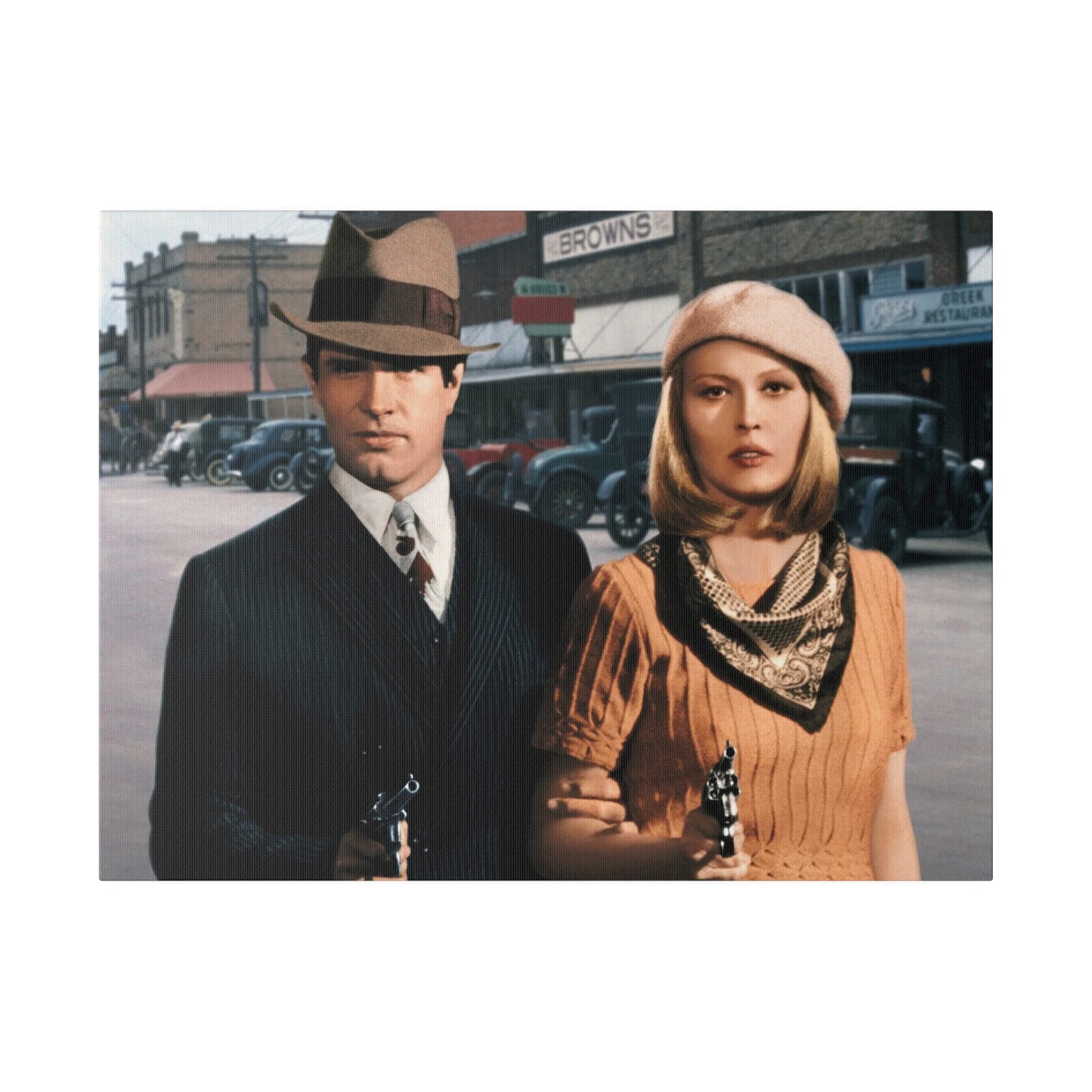 Custom Bonnie and Clyde Style Couple Portrait featuring a couple dressed in vintage 1930s outlaw clothing, holding guns and standing in a retro cityscape, perfect for personalized artwork gifts.