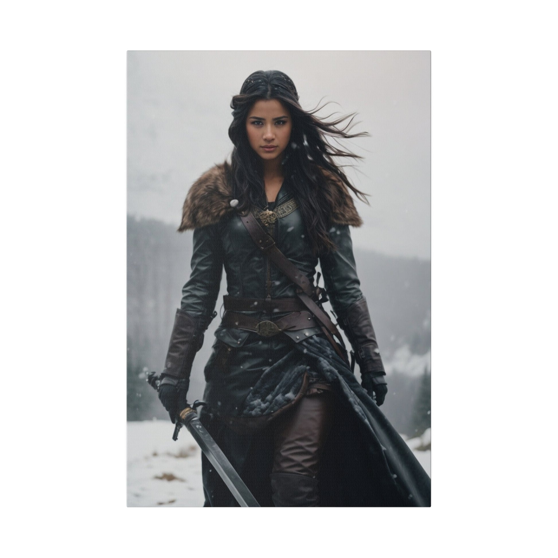 Custom Warrior Woman Portrait featuring a strong, determined woman in leather and fur warrior attire, holding a sword and walking confidently in a snowy landscape, showcasing courage and resilience.