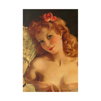 A custom vintage glamour portrait of a red-haired woman holding a fan, radiating timeless charm and beauty.