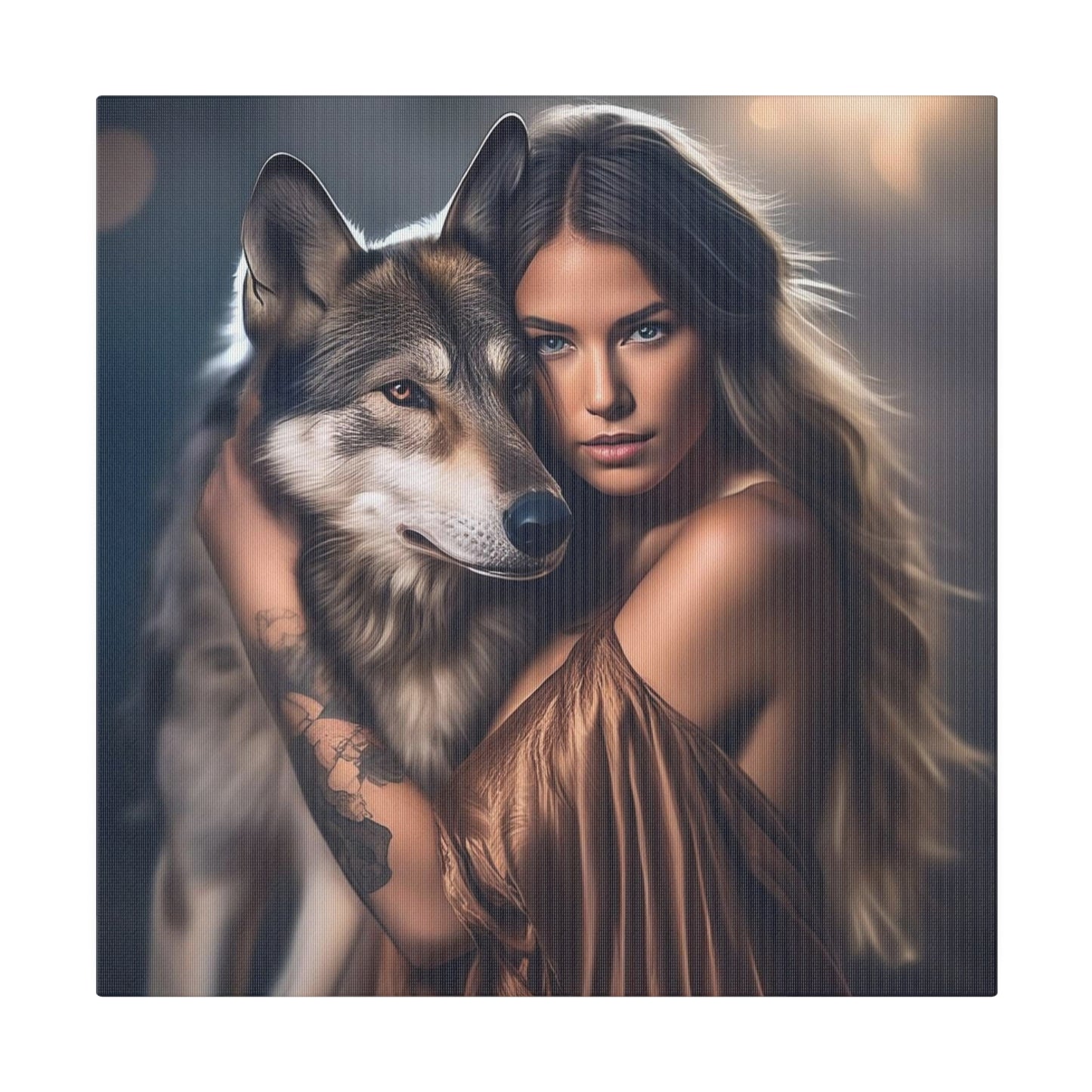 Custom Wolf Companion Portrait featuring a woman with long flowing hair in a bronze dress, embracing a majestic wolf, symbolizing a deep connection with nature and the wild spirit.