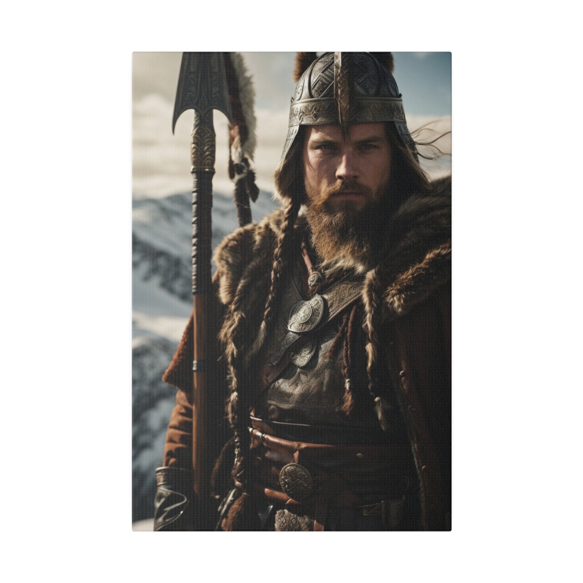 Custom Viking Warrior Portrait featuring a strong, bearded man in traditional Viking armor and fur, holding a spear, standing in a mountainous landscape, embodying the strength and bravery of a Norse warrior.