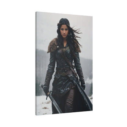 Custom Warrior Woman Portrait featuring a strong, determined woman in leather and fur warrior attire, holding a sword and walking confidently in a snowy landscape, showcasing courage and resilience.