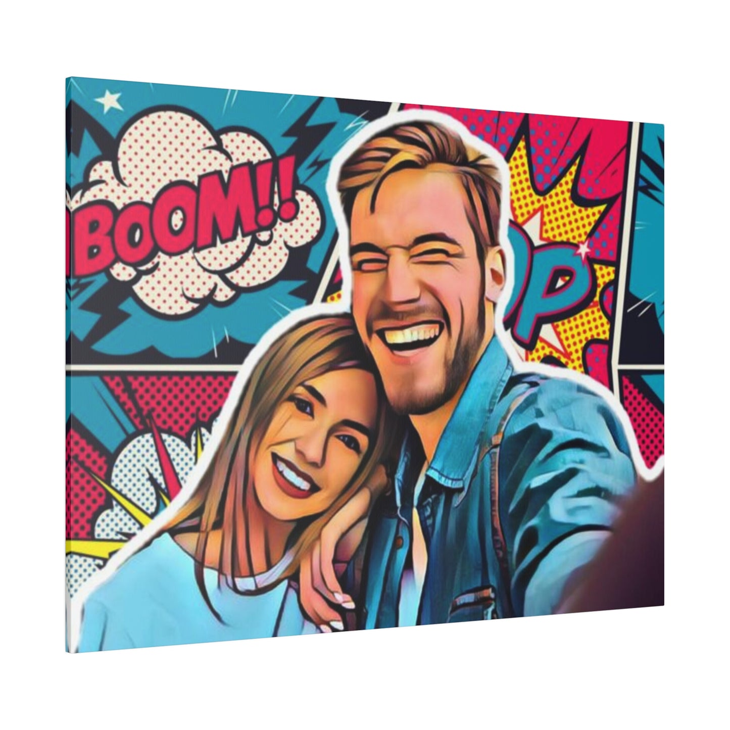 Custom Pop Art Couple Portrait featuring a smiling couple in vibrant comic-style artwork with bold colors and energetic text like 'Boom!' in the background, perfect for adding fun and color to your home.