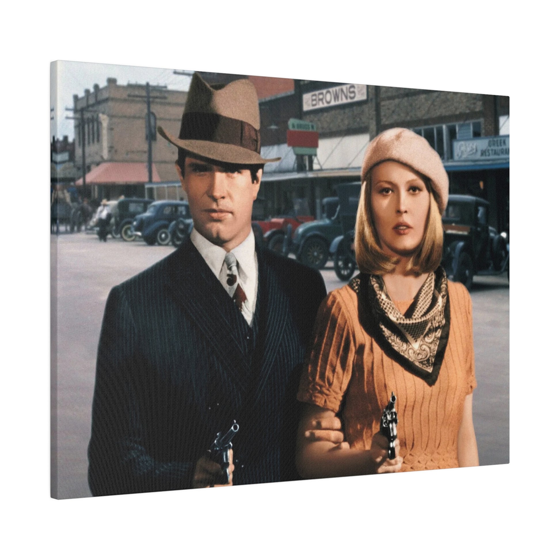 Custom Bonnie and Clyde Style Couple Portrait featuring a couple dressed in vintage 1930s outlaw clothing, holding guns and standing in a retro cityscape, perfect for personalized artwork gifts.