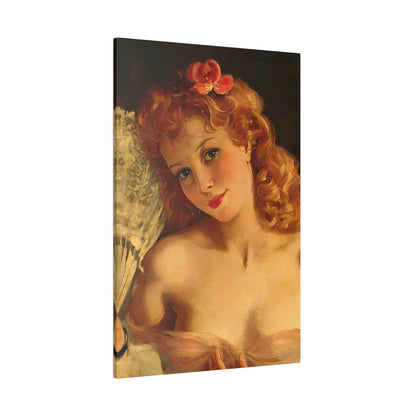 A custom vintage glamour portrait of a red-haired woman holding a fan, radiating timeless charm and beauty.