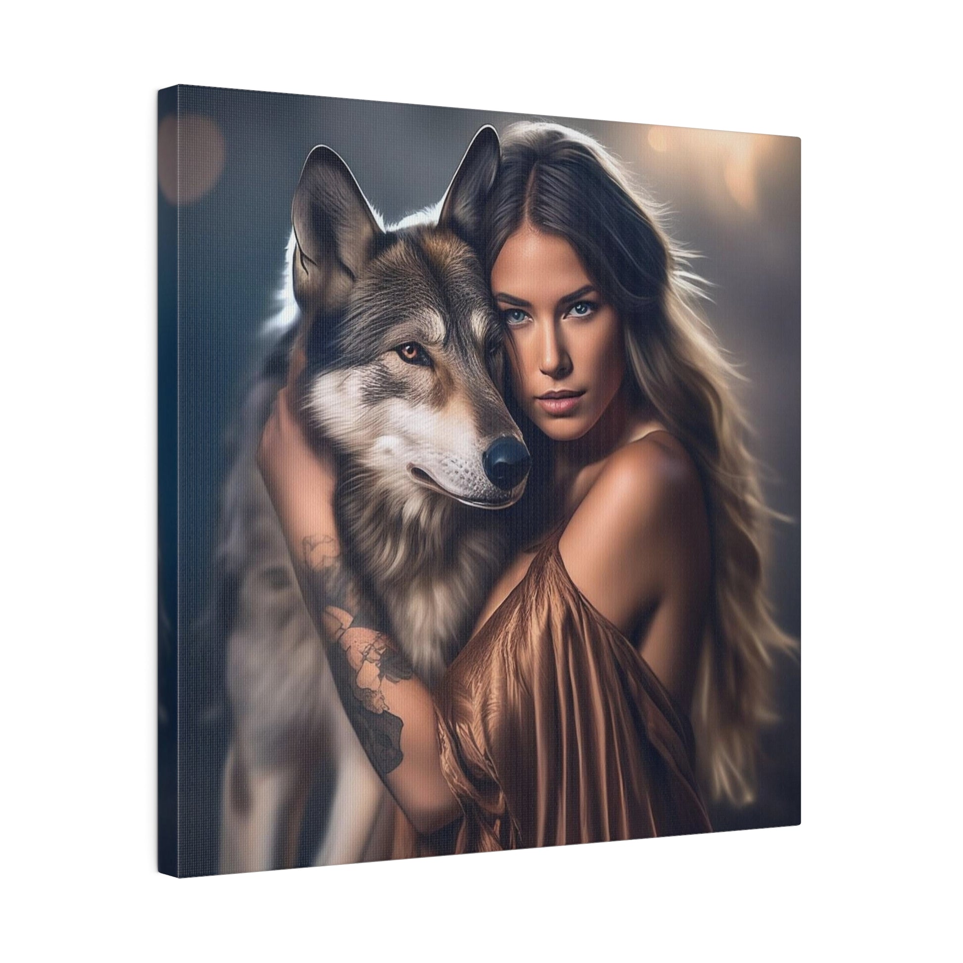 Custom Wolf Companion Portrait featuring a woman with long flowing hair in a bronze dress, embracing a majestic wolf, symbolizing a deep connection with nature and the wild spirit.