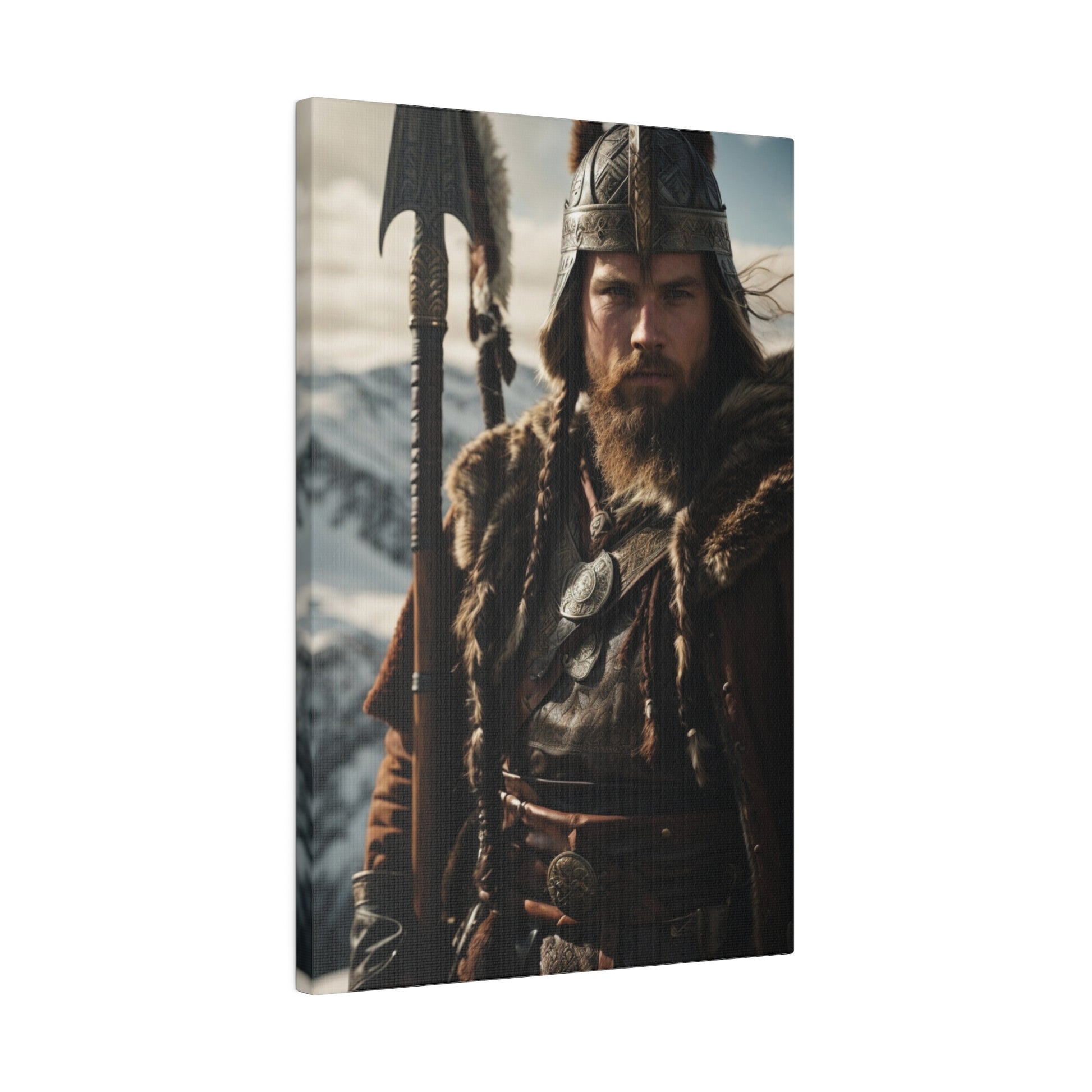 Custom Viking Warrior Portrait featuring a strong, bearded man in traditional Viking armor and fur, holding a spear, standing in a mountainous landscape, embodying the strength and bravery of a Norse warrior.