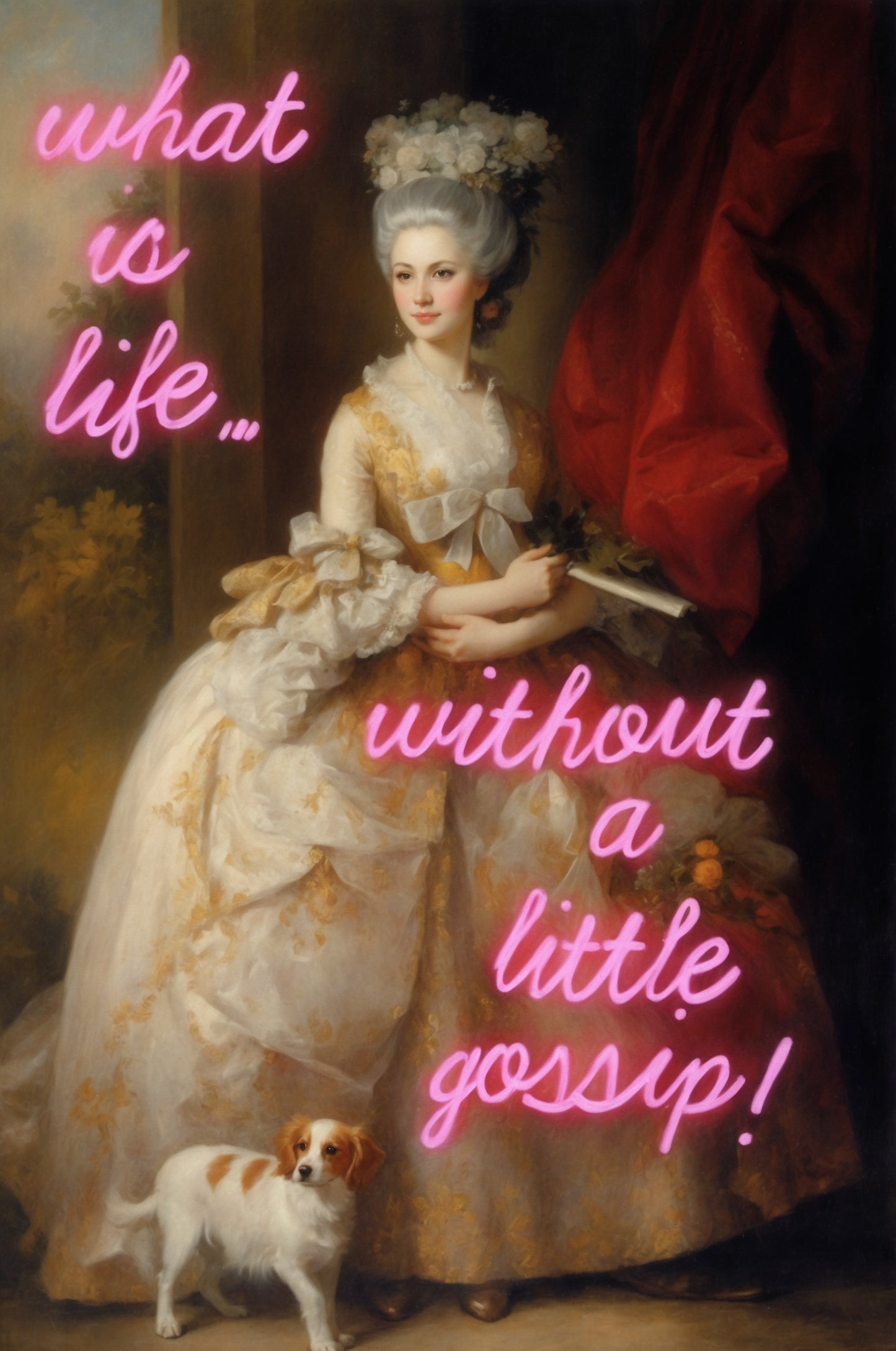 Custom Gossip-Inspired Royal Portrait featuring a royal figure with modern neon text, blending historical elegance with playful humor.