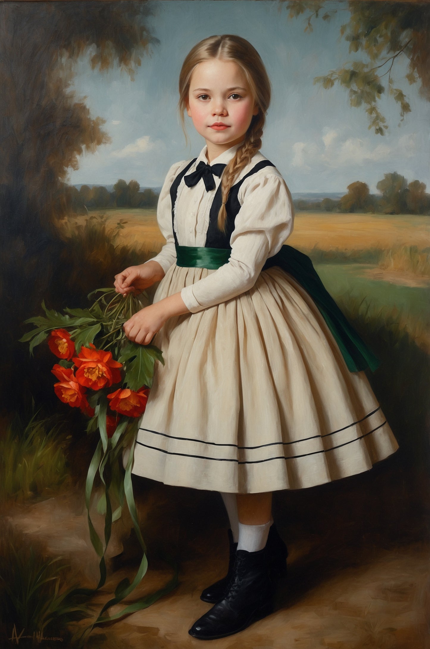 Custom Vintage Childhood Portrait featuring a young girl in a classic setting, capturing the charm and innocence of childhood in a timeless, hand-painted style.