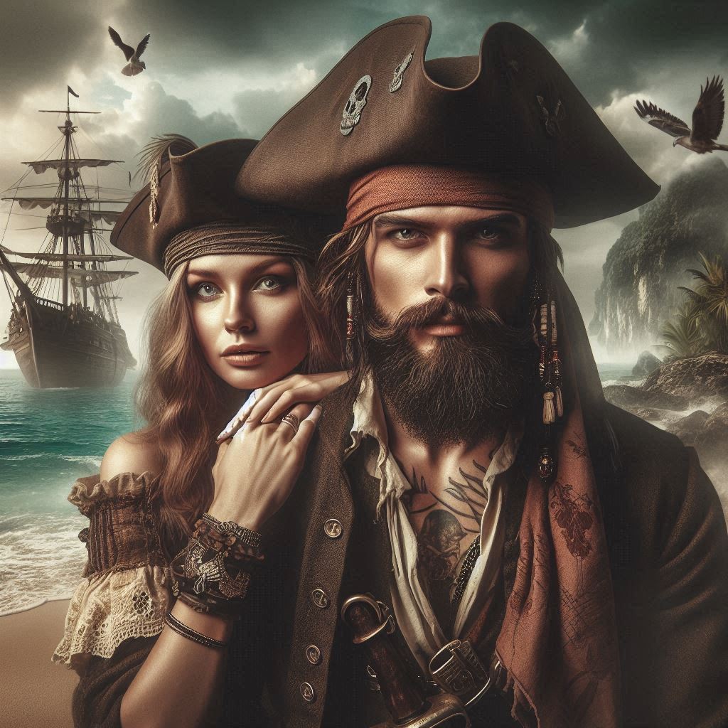 A custom pirate-themed portrait featuring a face-swapped couple dressed as pirates on a beach, with a pirate ship and tropical scenery in the background.