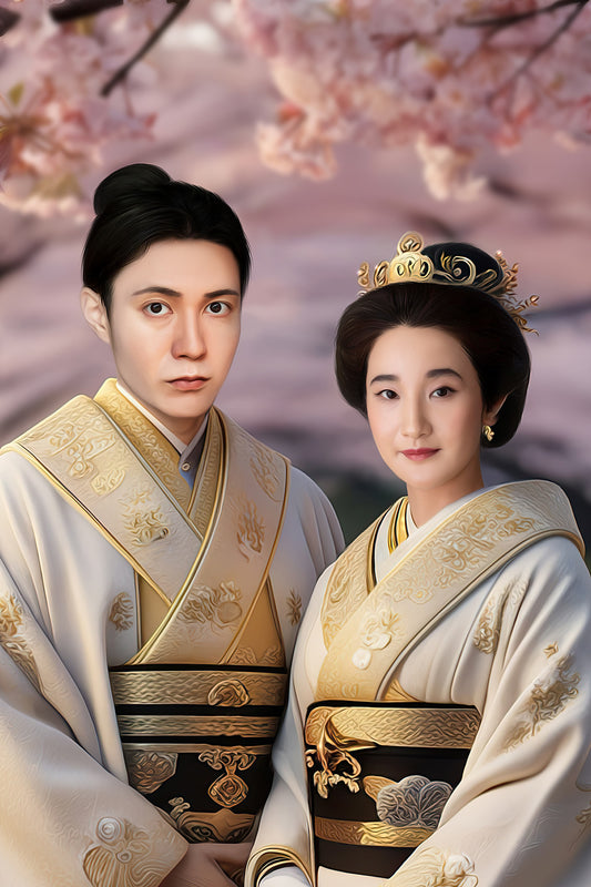 A custom Japanese royal couple portrait featuring a face-swapped man and woman dressed in luxurious traditional kimonos against a soft cherry blossom backdrop.