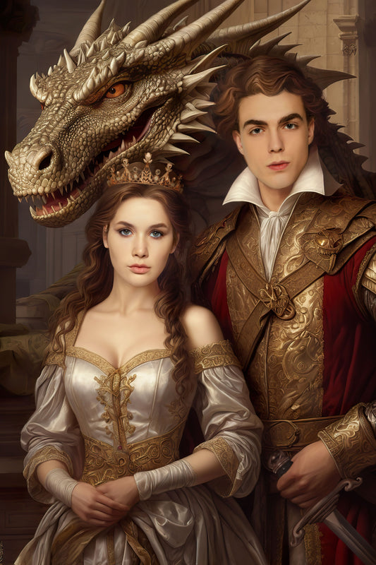 A custom fantasy dragon-themed couple portrait featuring a face-swapped man and woman dressed as royal figures standing with a dragon in the background.