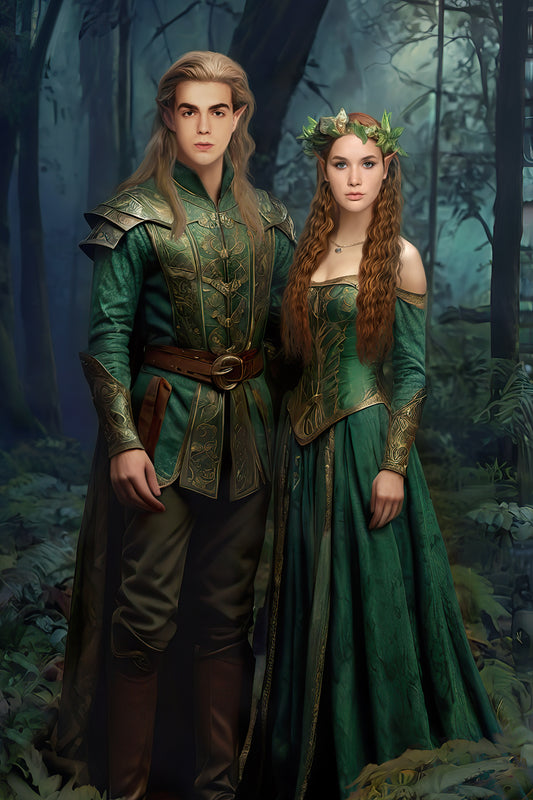 A custom elven couple portrait featuring a face-swapped man and woman dressed as elven royalty in detailed green armor and gowns, set in an enchanted forest.