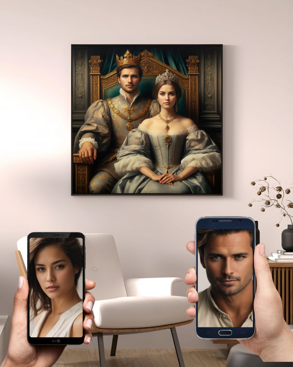 Custom Royal Throne Couple Portrait featuring a man and woman dressed as a king and queen, seated on a grand throne, exuding grace and regal elegance.