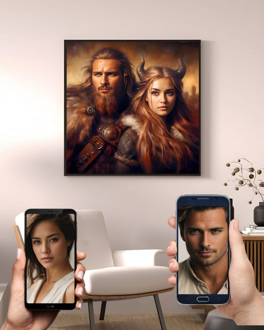 Custom Viking Couple Portrait of a man and woman in traditional Viking attire, with the man wearing a fur cloak and armor, and the woman adorned with horns and braided hair, showcasing strength and warrior spirit in a dramatic, historical setting.