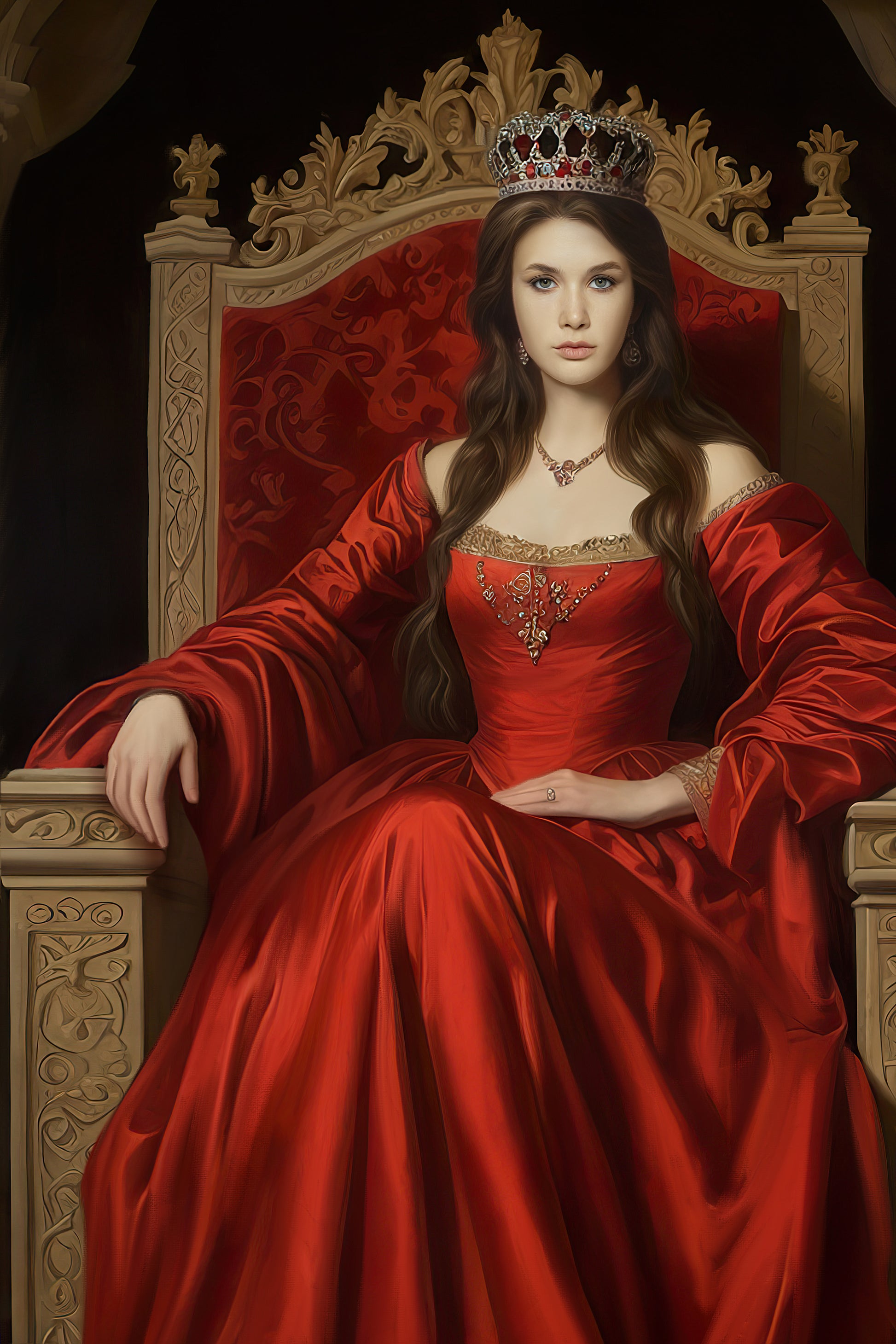 A custom queen portrait featuring a face-swapped woman sitting on an ornate throne, dressed in a royal red gown with a crown.