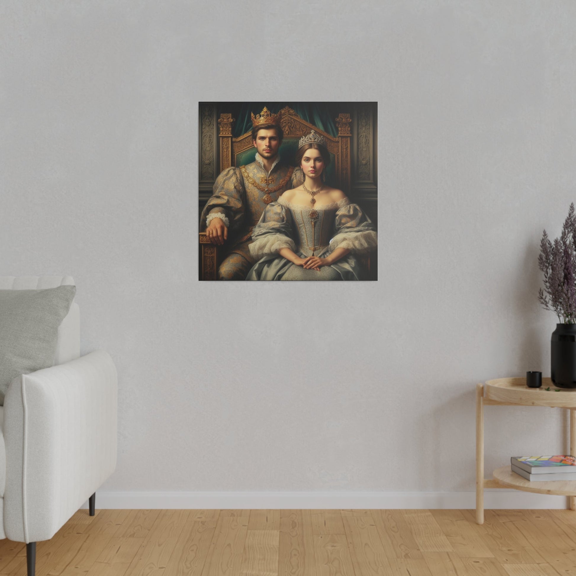 Custom Royal Throne Couple Portrait featuring a man and woman dressed as a king and queen, seated on a grand throne, exuding grace and regal elegance.