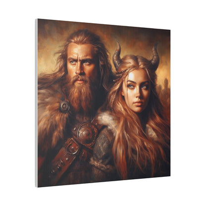 Custom Viking Couple Portrait of a man and woman in traditional Viking attire, with the man wearing a fur cloak and armor, and the woman adorned with horns and braided hair, showcasing strength and warrior spirit in a dramatic, historical setting.