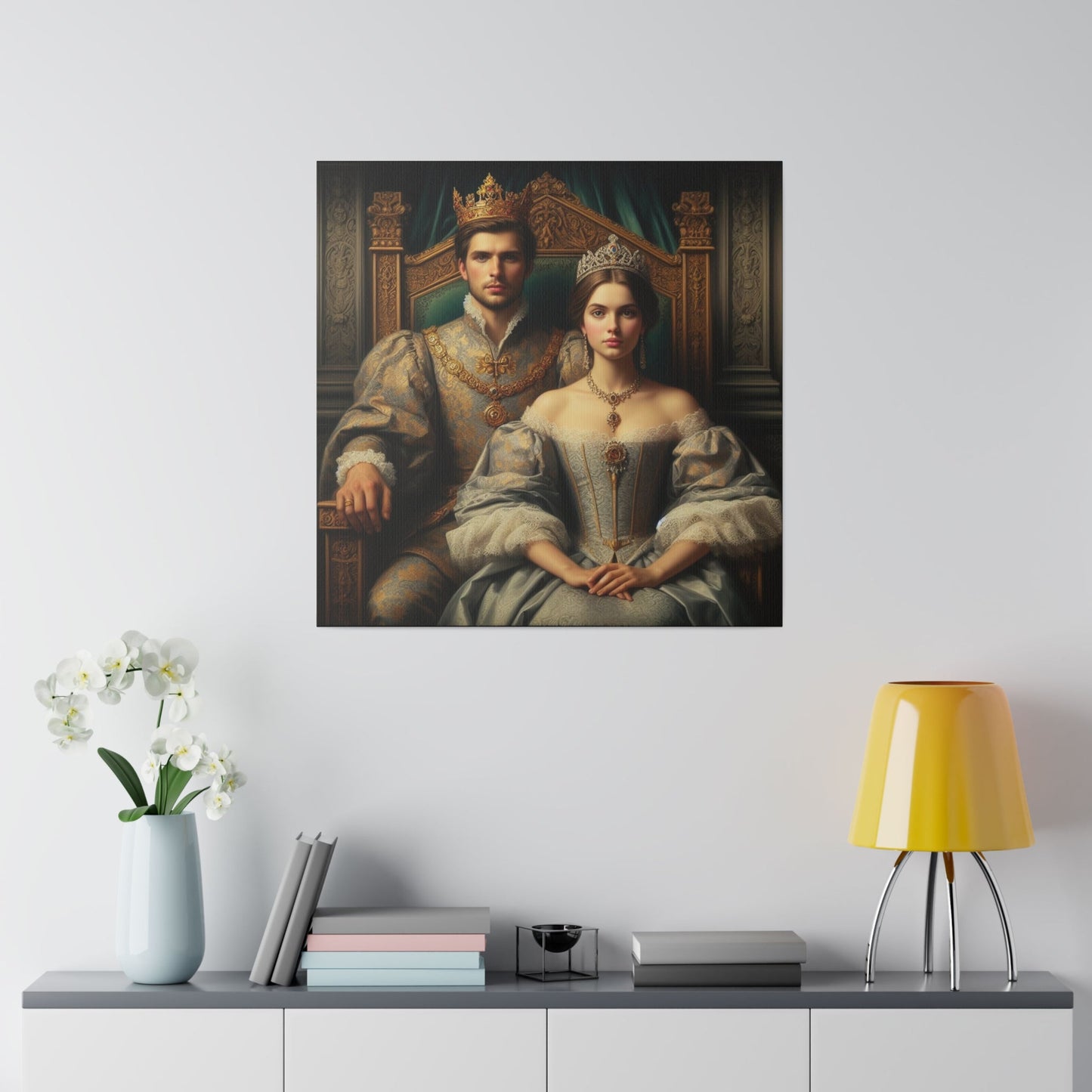 Custom Royal Throne Couple Portrait featuring a man and woman dressed as a king and queen, seated on a grand throne, exuding grace and regal elegance.