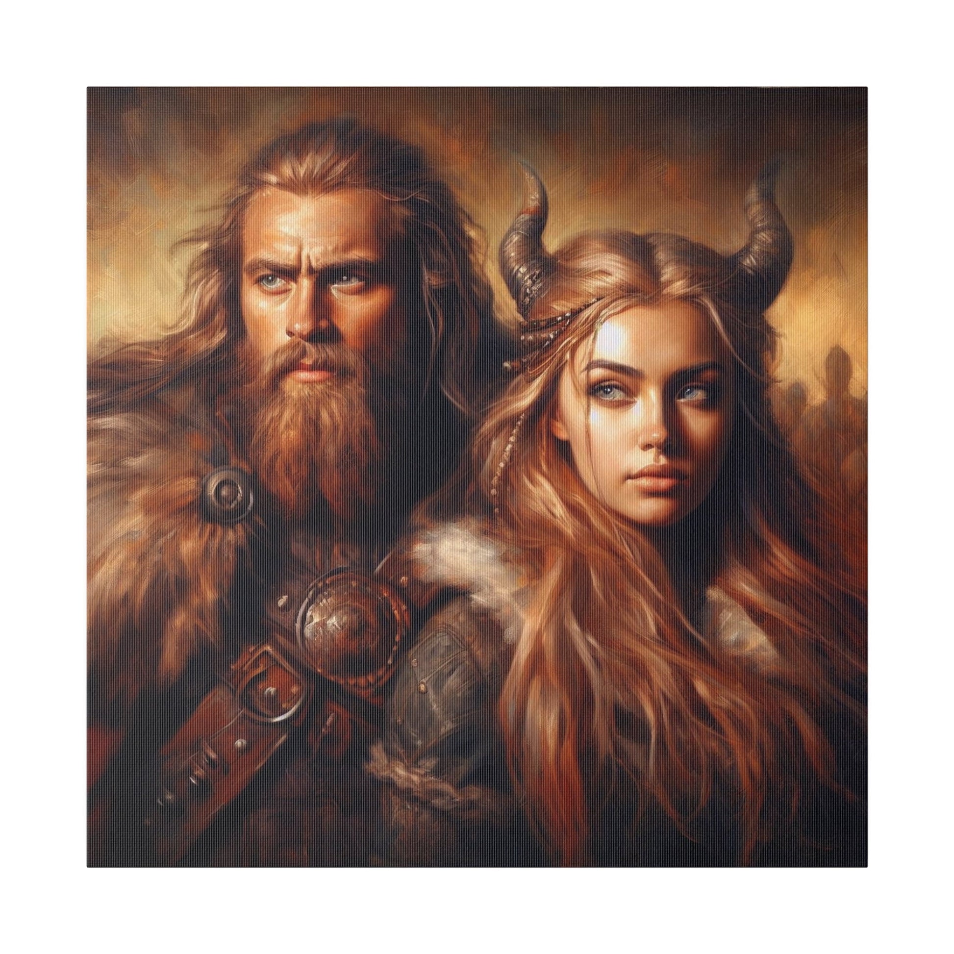 Custom Viking Couple Portrait of a man and woman in traditional Viking attire, with the man wearing a fur cloak and armor, and the woman adorned with horns and braided hair, showcasing strength and warrior spirit in a dramatic, historical setting.