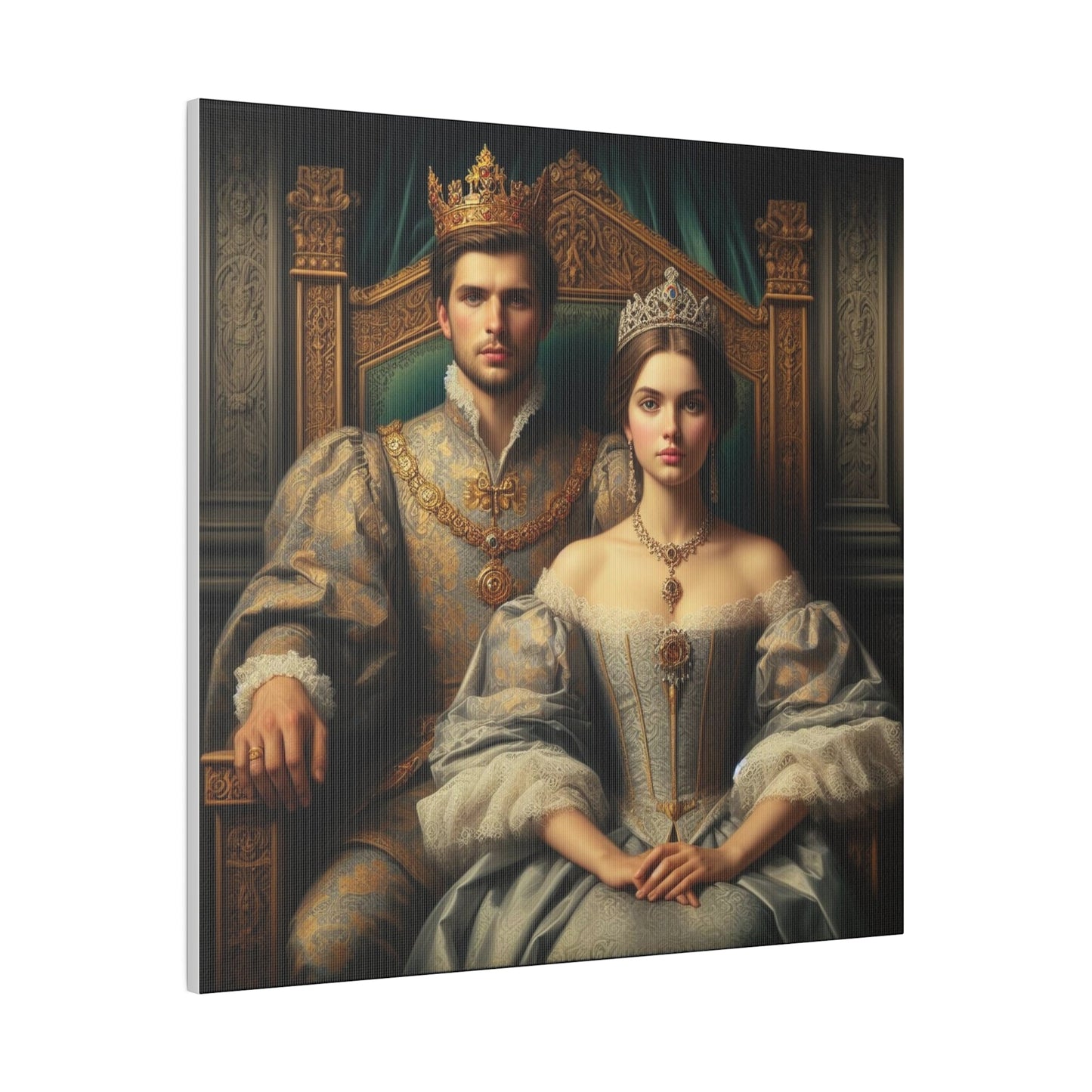 Custom Royal Throne Couple Portrait featuring a man and woman dressed as a king and queen, seated on a grand throne, exuding grace and regal elegance.