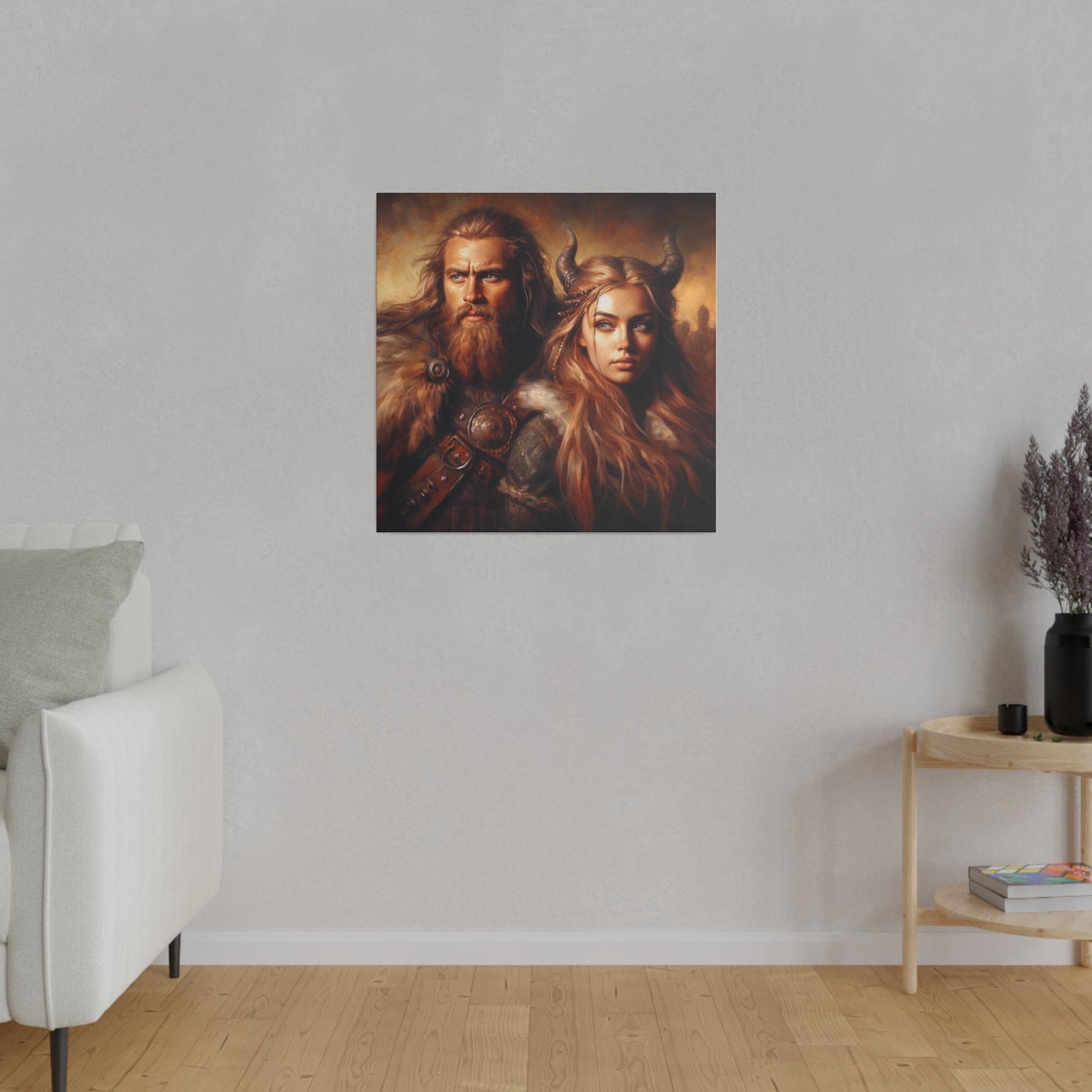 Custom Viking Couple Portrait of a man and woman in traditional Viking attire, with the man wearing a fur cloak and armor, and the woman adorned with horns and braided hair, showcasing strength and warrior spirit in a dramatic, historical setting.