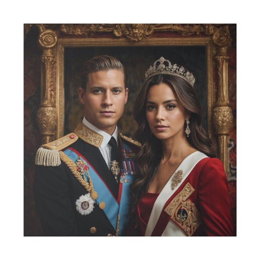 Custom Royal Couple Portrait featuring a man in a decorated military uniform and a woman in an elegant red gown with a tiara, standing together in a regal setting, showcasing timeless elegance and nobility.