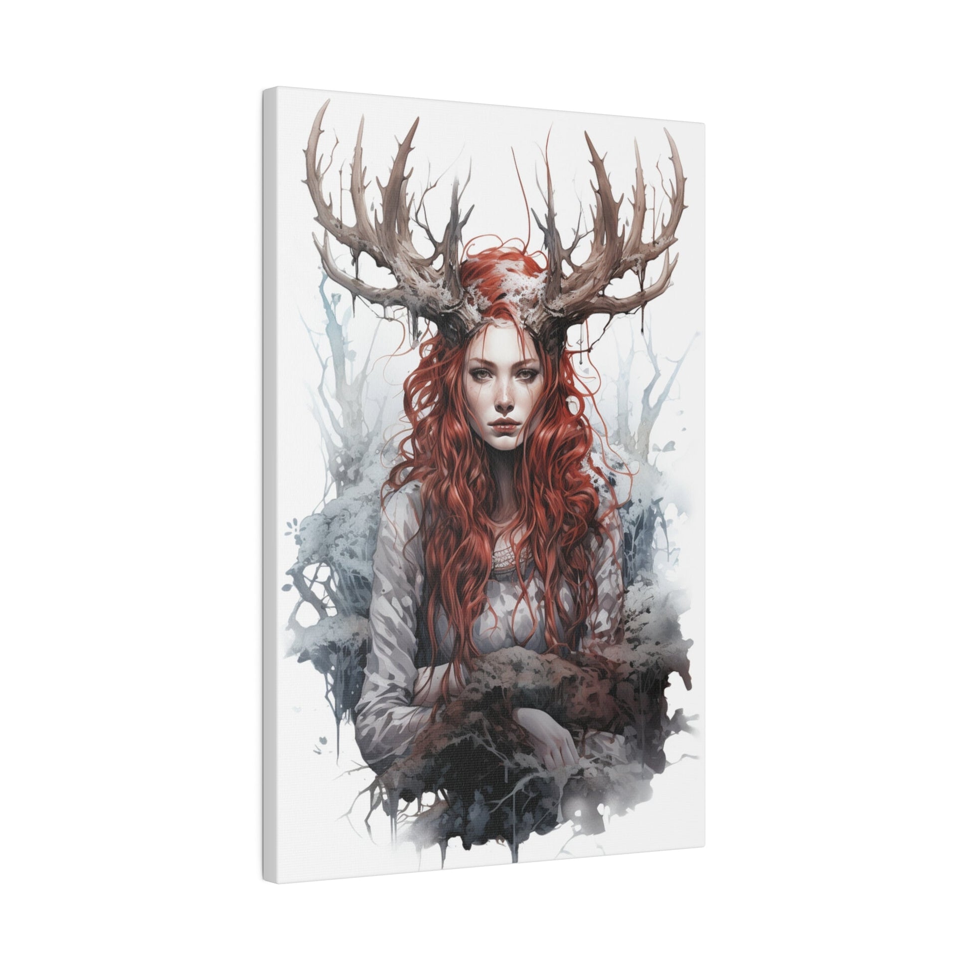 Custom Wendigo Goddess Portrait featuring a woman with flowing red hair, antlers on her head, and a haunting expression, embodying the eerie and mystical spirit of the Wendigo in dark mythology.