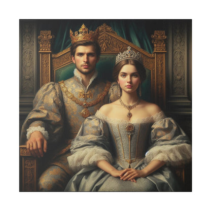 Custom Royal Throne Couple Portrait featuring a man and woman dressed as a king and queen, seated on a grand throne, exuding grace and regal elegance.