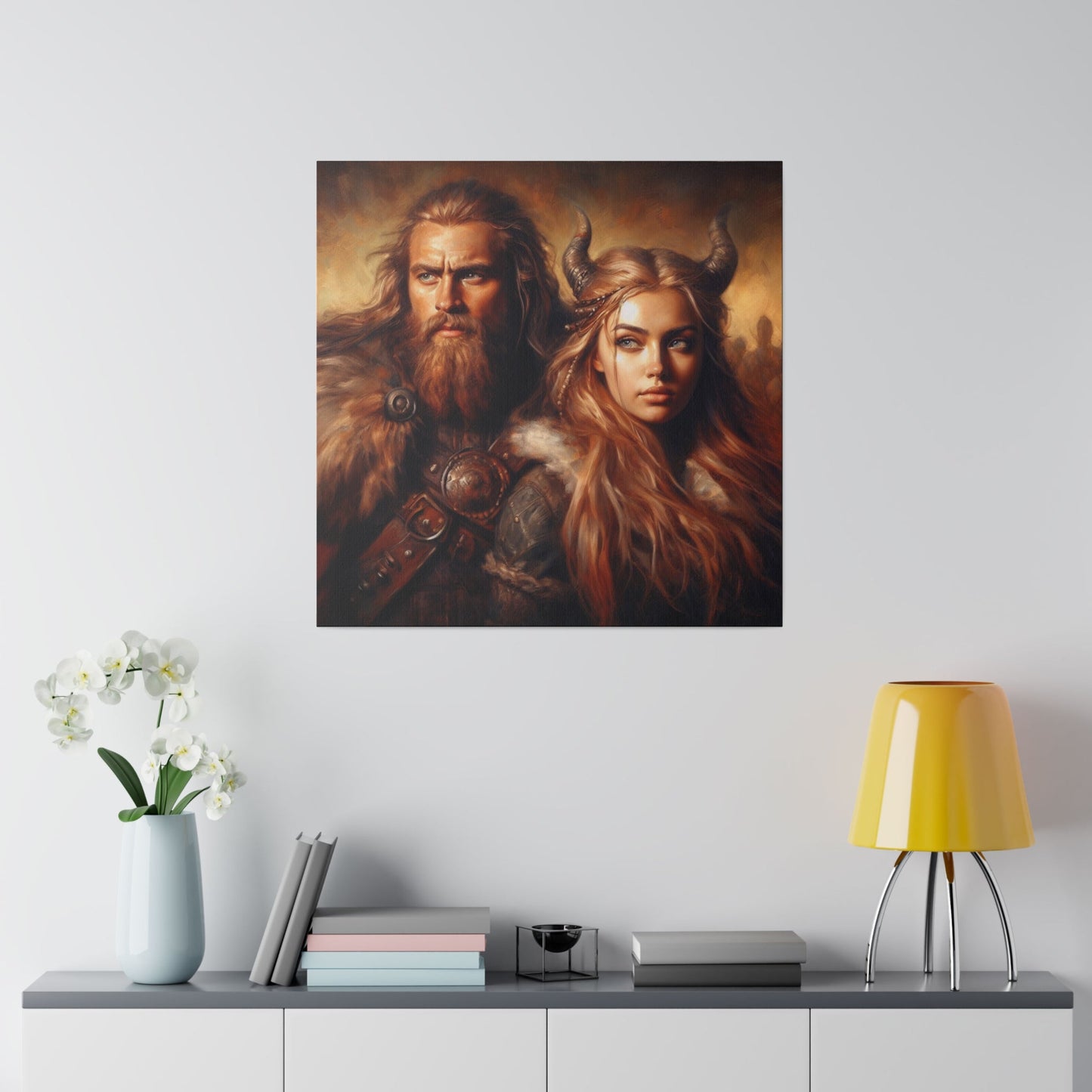 Custom Viking Couple Portrait of a man and woman in traditional Viking attire, with the man wearing a fur cloak and armor, and the woman adorned with horns and braided hair, showcasing strength and warrior spirit in a dramatic, historical setting.