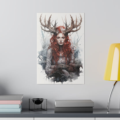 Custom Wendigo Goddess Portrait featuring a woman with flowing red hair, antlers on her head, and a haunting expression, embodying the eerie and mystical spirit of the Wendigo in dark mythology.