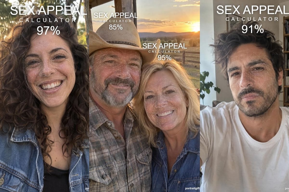 Three example results of the sex appeal calculator with the score above each head: a laughing woman at 97%, a couple at 85% and 95%, a smoldering man at 91%