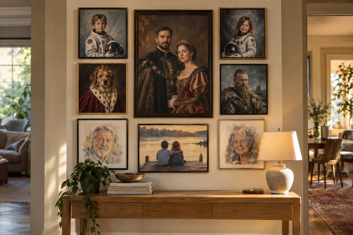 Balanced gallery wall of framed family portrait canvases above an oak console table, with even gaps between frames