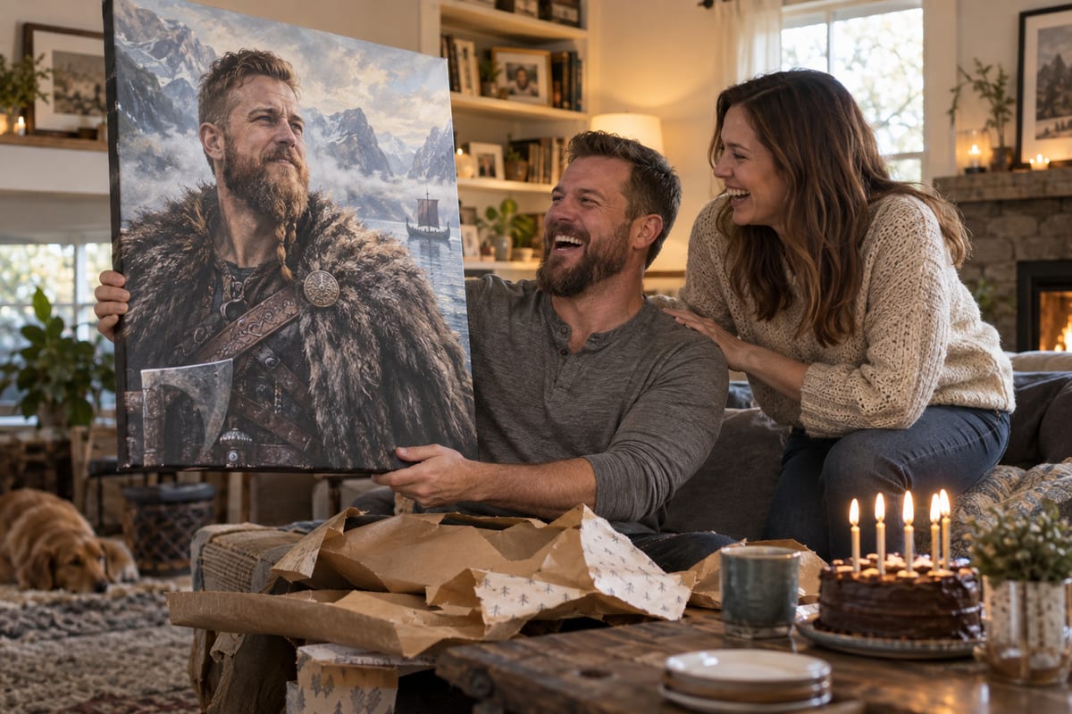 A man laughing as he unwraps a canvas portrait of himself painted as a Viking warrior on his birthday