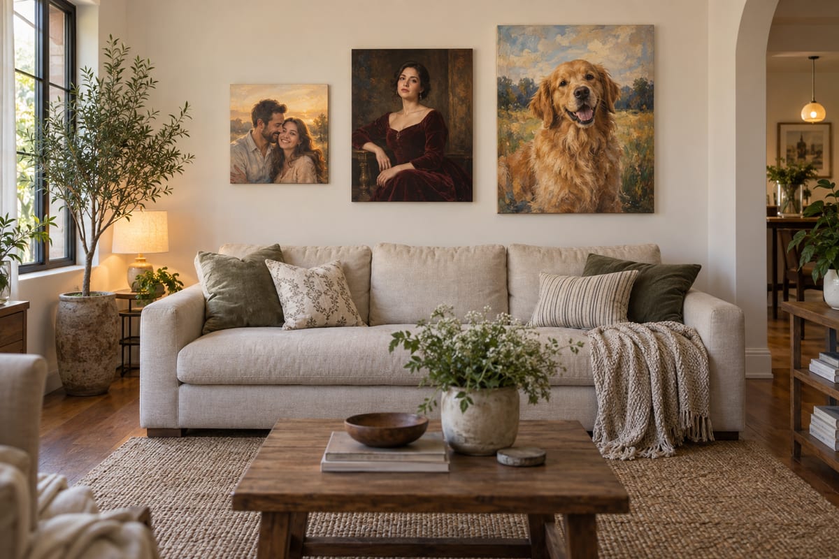Three canvas portraits in small, medium and large standard sizes hung side by side above a linen sofa