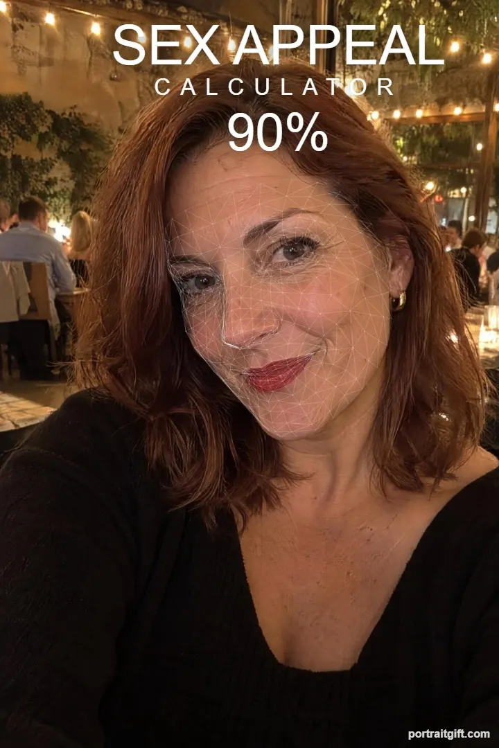 Example result: a woman with auburn hair and red lipstick in a restaurant, 90%, The Charmer