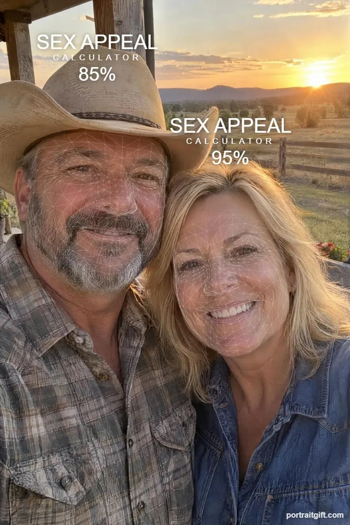 Example result: a couple in their late fifties on a ranch porch, he in a cowboy hat, 85% and 95%