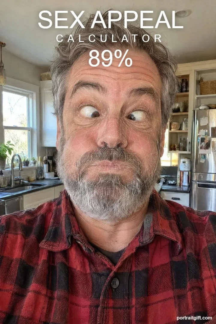 Example result: a bearded man pulling a cross-eyed funny face in his kitchen, 89%, Certified Goofball
