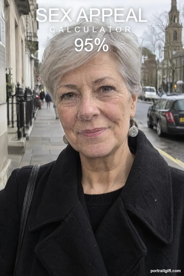 Example result: a silver-haired woman in a black coat on a city street, 95%, The Charmer
